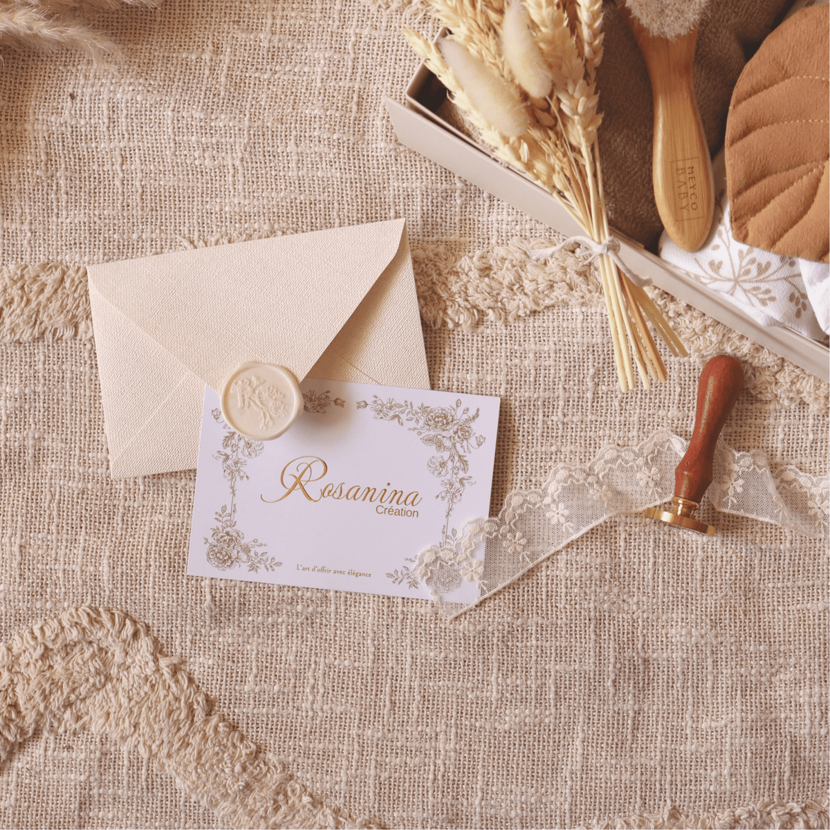 Carte Rosanina Création avec enveloppe et cachet de cire pour cadeau de naissance