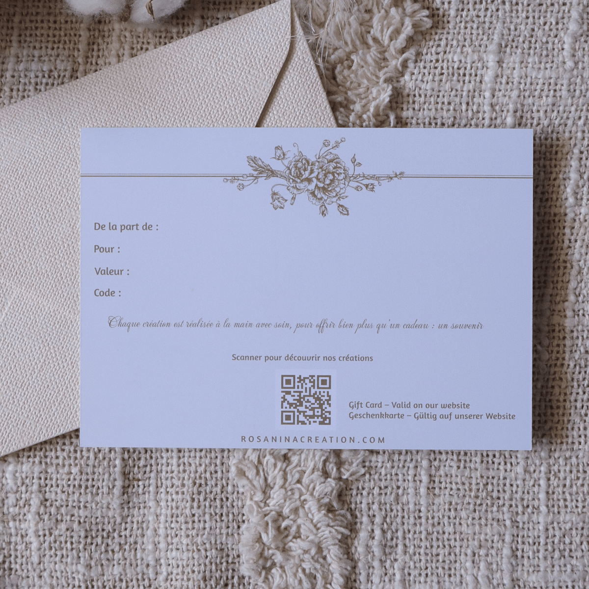 Carte cadeau papier Rosanina Création avec enveloppe
